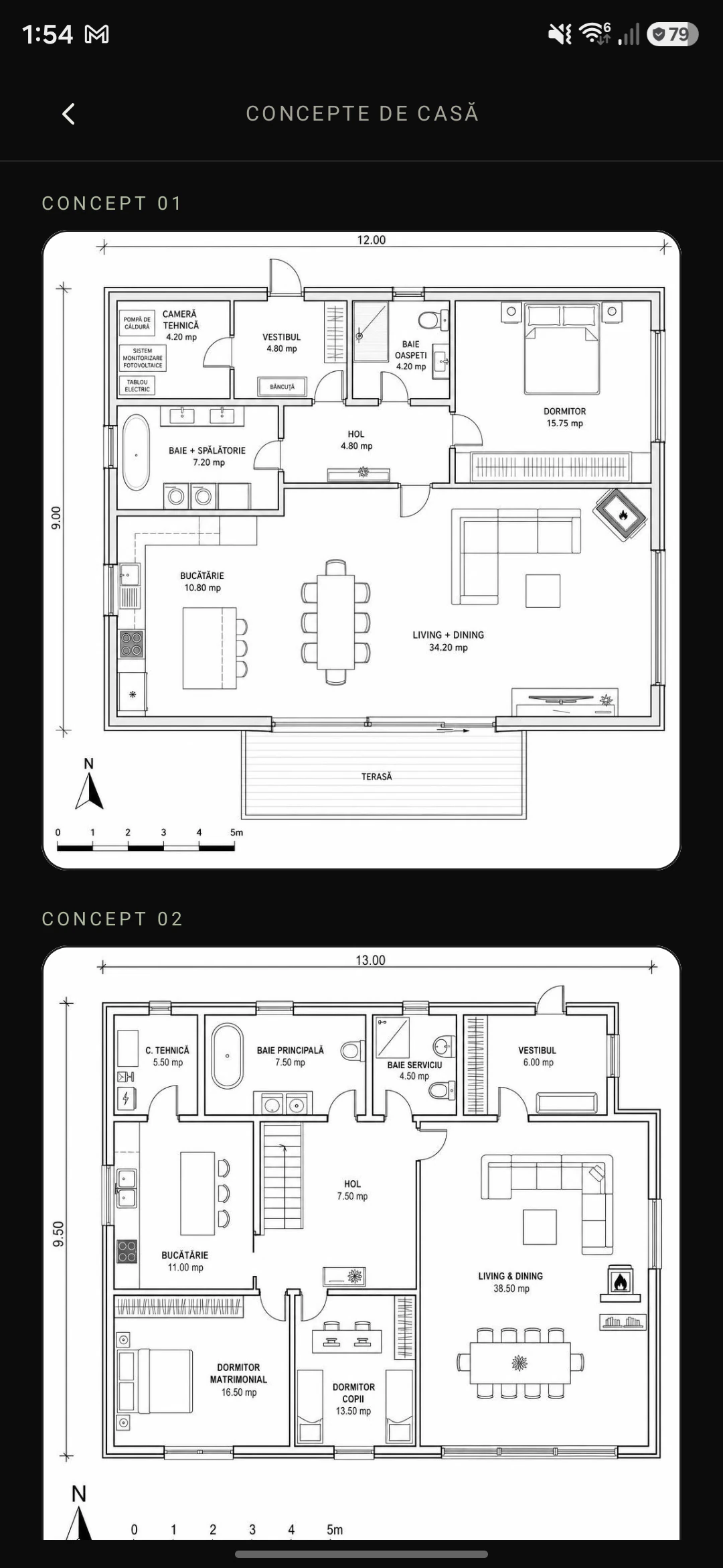 House layout concepts with room areas and a graphic scale