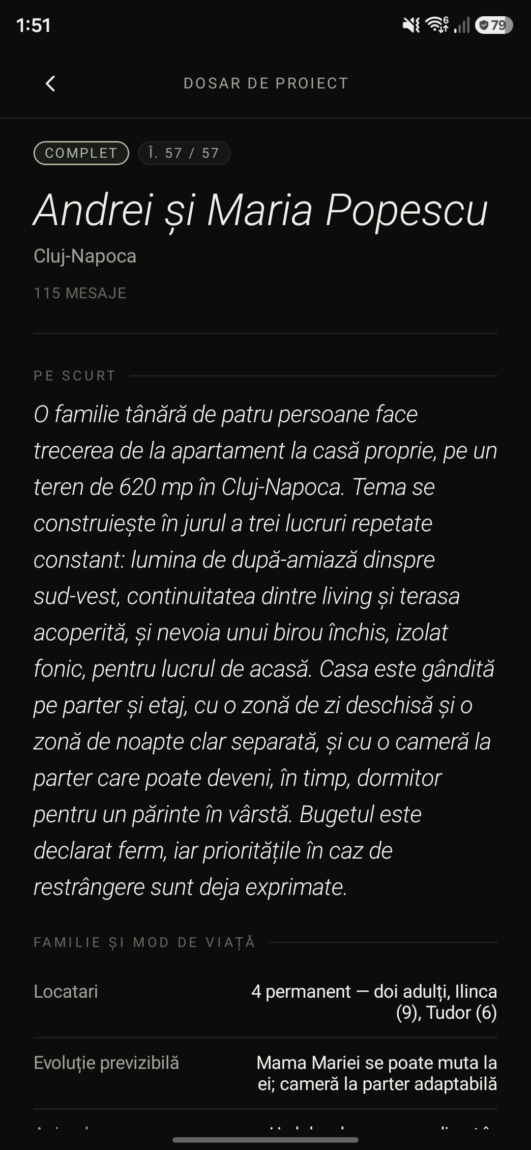 A family’s project dossier, opening with a summary of the design brief